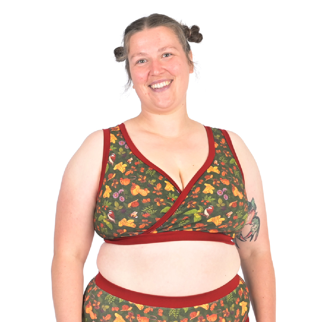 Katy in a woodland themed forager non wired supportive bra